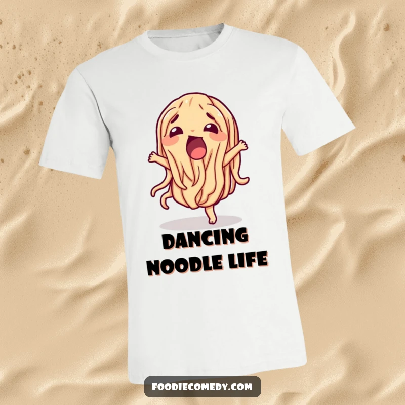 Funny wiggling noodle t-shirt performing a silly dance, a playful food character for fashion.