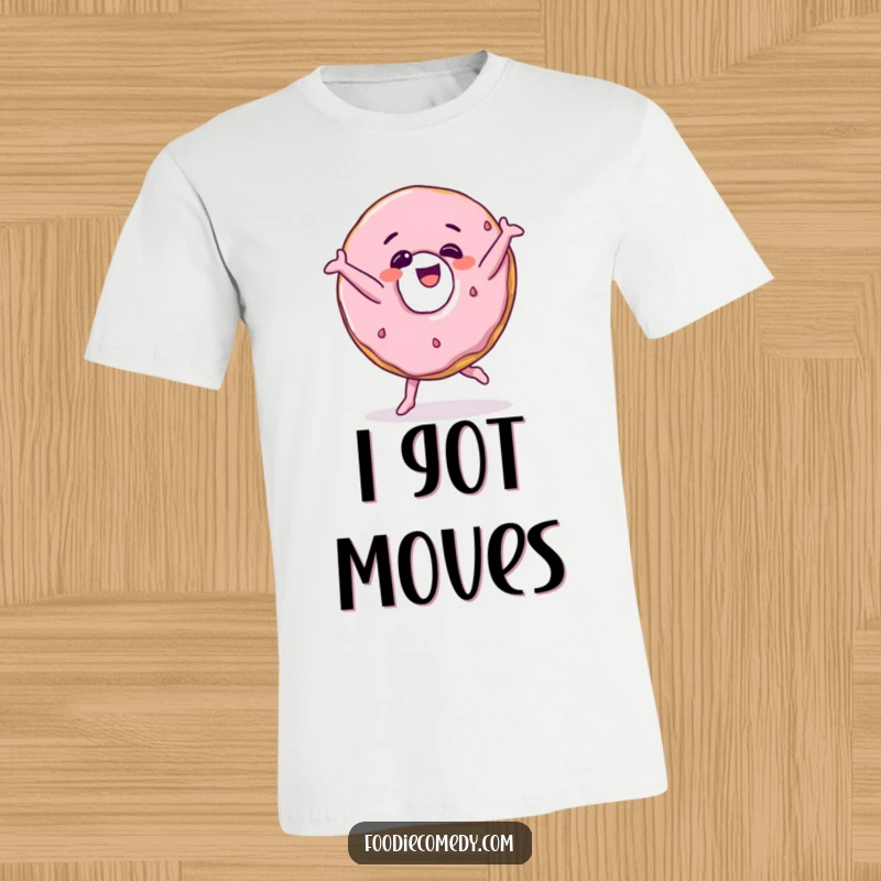 Funny giggling donut doing a breakdance move on a t-shirt, cartoon food character, playful and active.