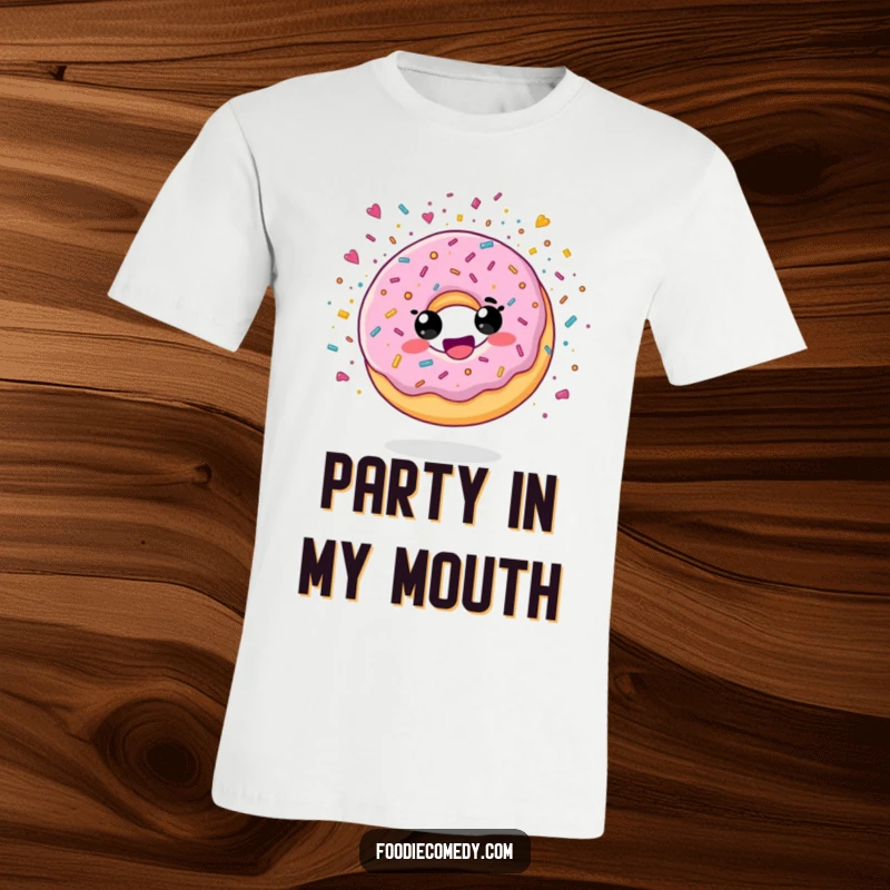 Funny t-shirt depicting a delighted donut character erupting in a shower of sugary confetti, celebrating pure fun.