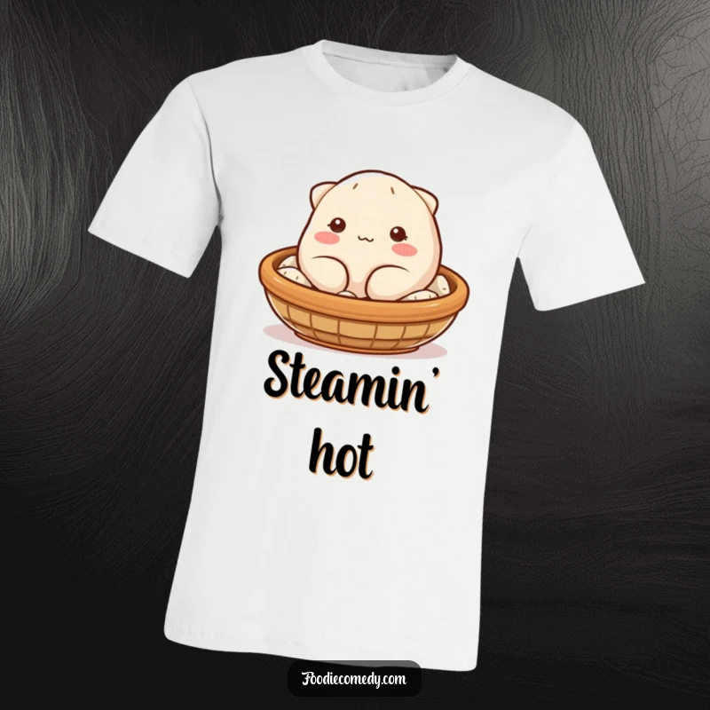 Funny dumpling t-shirt showing a blushing, plump dumpling with simple eyes winking from a steaming basket, full of cute and humorous charm.