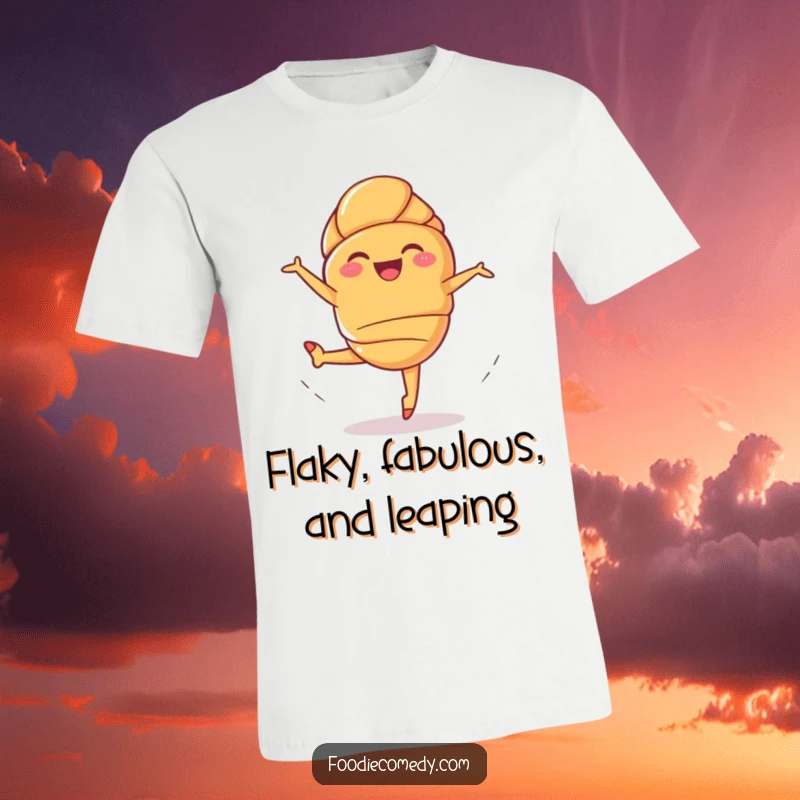 Funny Giggling Croissant T-Shirt: A happy croissant does a ballet leap, showcasing a humorous and energetic food design.