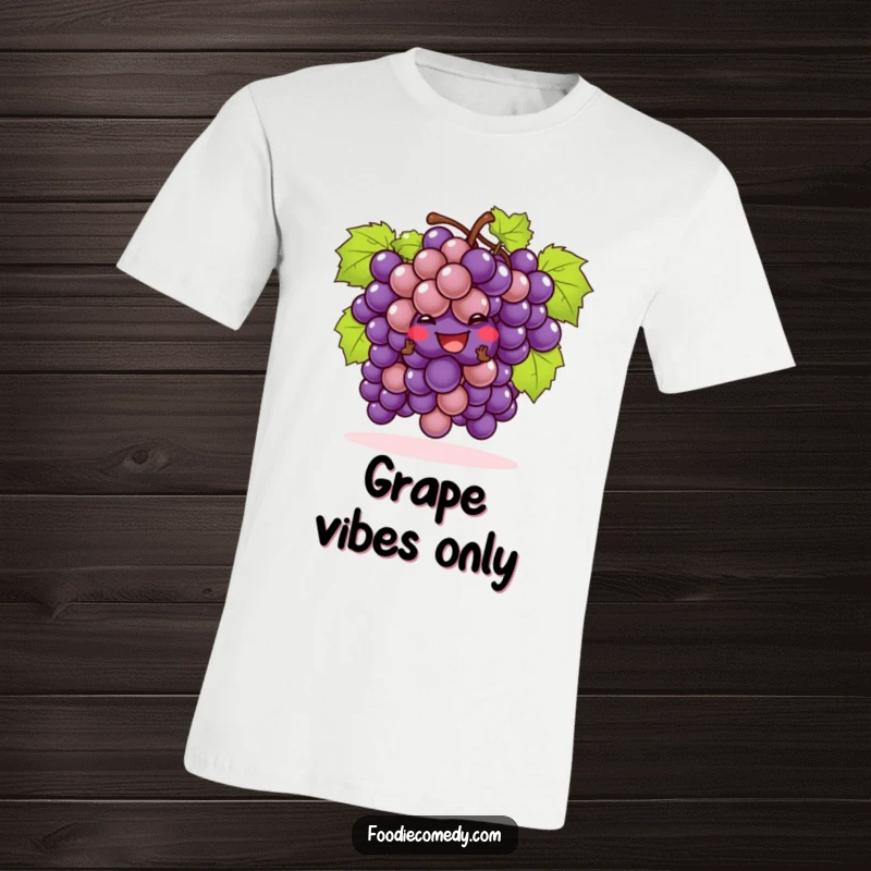 Funny bunch of grapes t-shirt performing a lively cha-cha, looking mischievous and full of fruity fun.