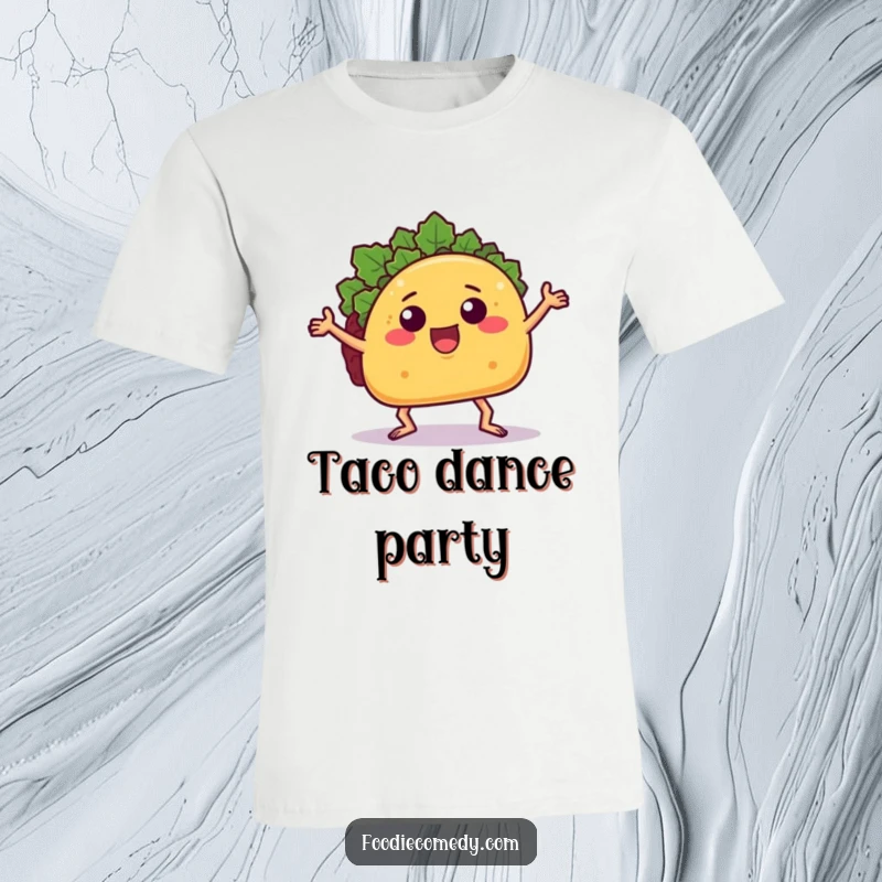 Funny taco t-shirt showing a taco with arms and legs busting a move, perfect for food lovers and dancers.