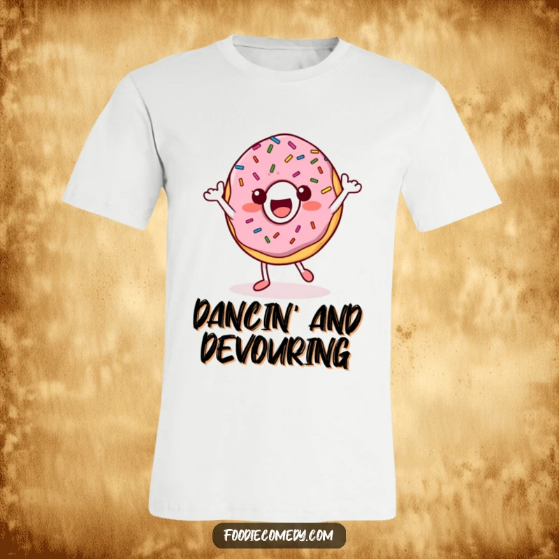 Funny Donut T-Shirt: A joyful donut character covered in sprinkles performs a groovy dance move with energy.