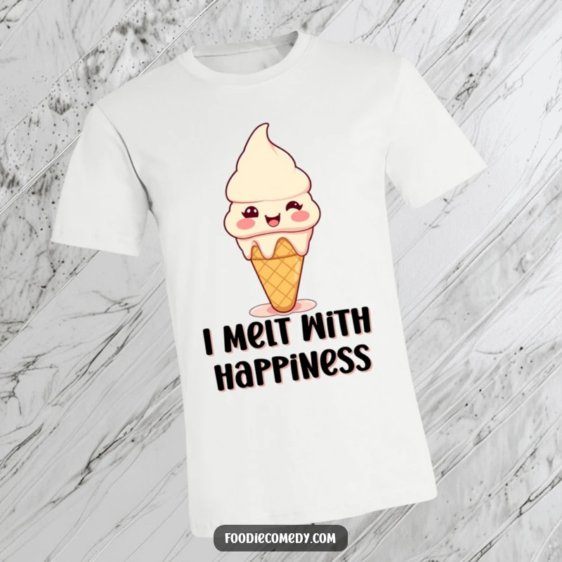 Funny ice cream cone t-shirt featuring a tiny happy cone melting slightly with pure joy, perfect for summer fun.