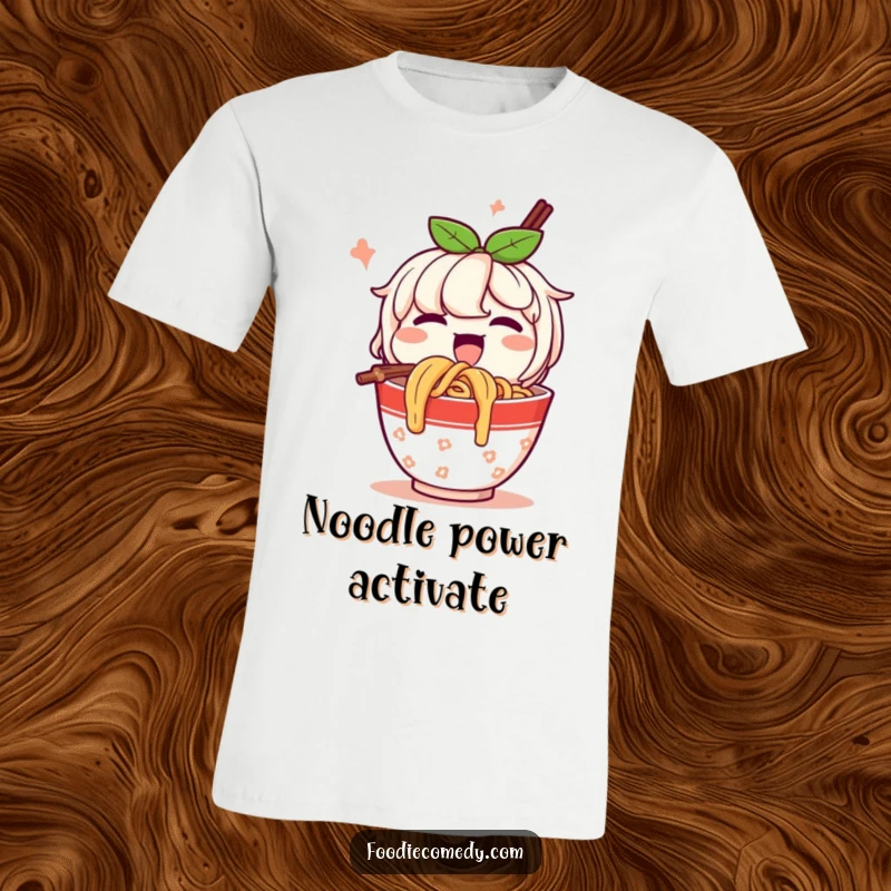 Funny T-Shirt: A happy cup of noodles character enthusiastically slurps noodles, radiating pure food-loving joy and comfort.