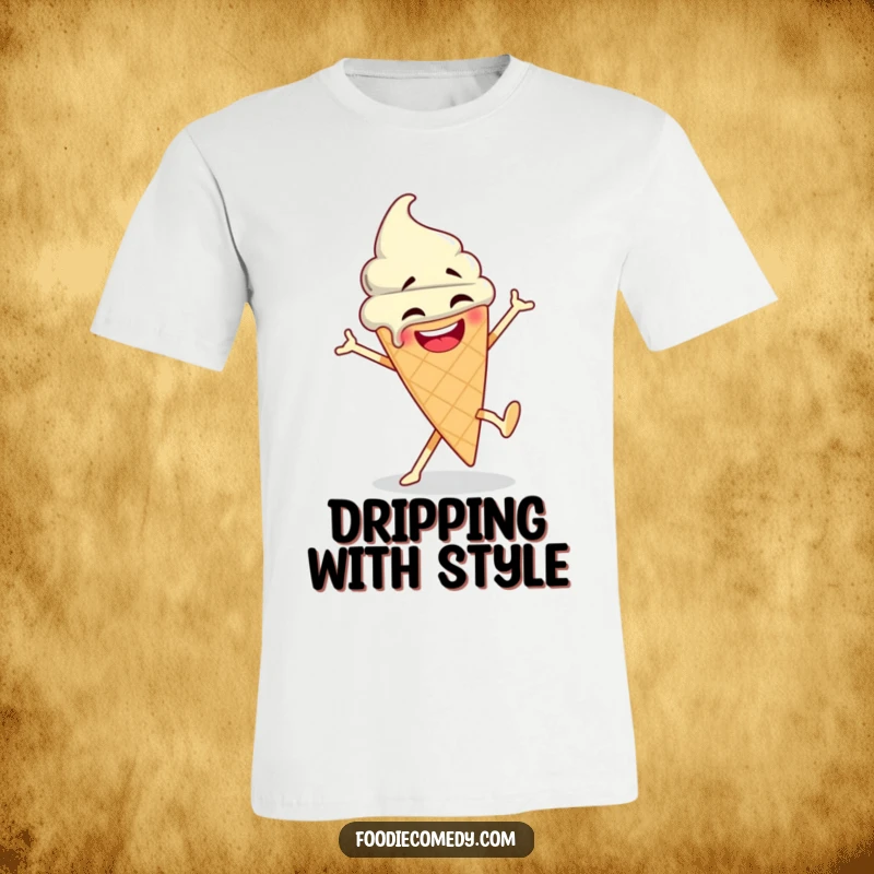 Funny Ice Cream Dance T-Shirt: A playful ice cream cone performing energetic breakdance moves, with drips symbolizing pure joy.
