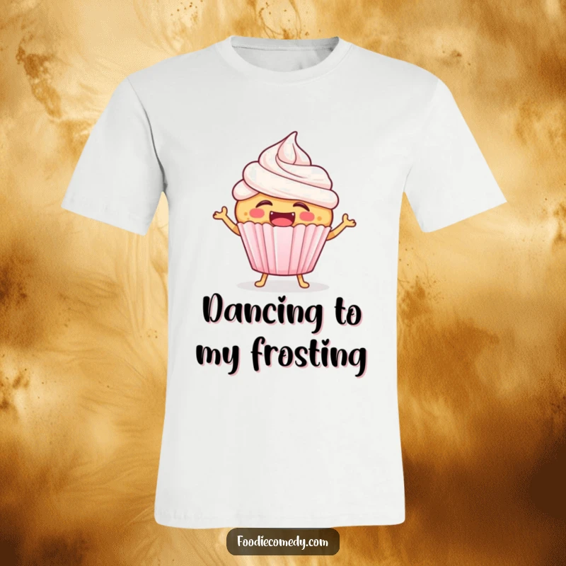 Funny laughing cupcake t-shirt graphic of a gleeful cupcake with swirling frosting, joyfully hopping to an unseen rhythm.