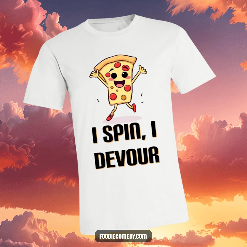 Funny pizza breakdance t-shirt graphic of a pizza slice character with legs performing a thrilling, energetic breakdance spin.