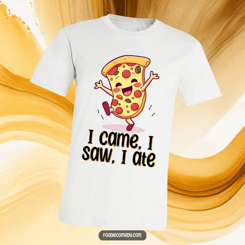 Funny pizza t-shirt, a vibrant slice breakdancing with enthusiastic toppings, showing off cool dance moves.