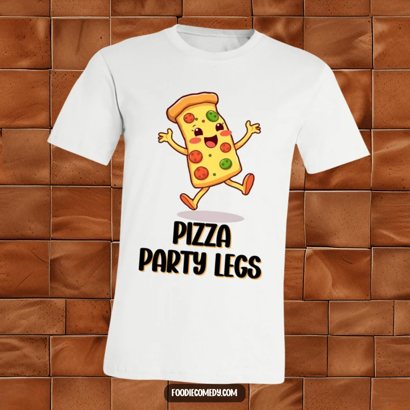 Funny t-shirt depicting a pizza slice performing energetic leg kicks, showcasing a playful and humorous food character.