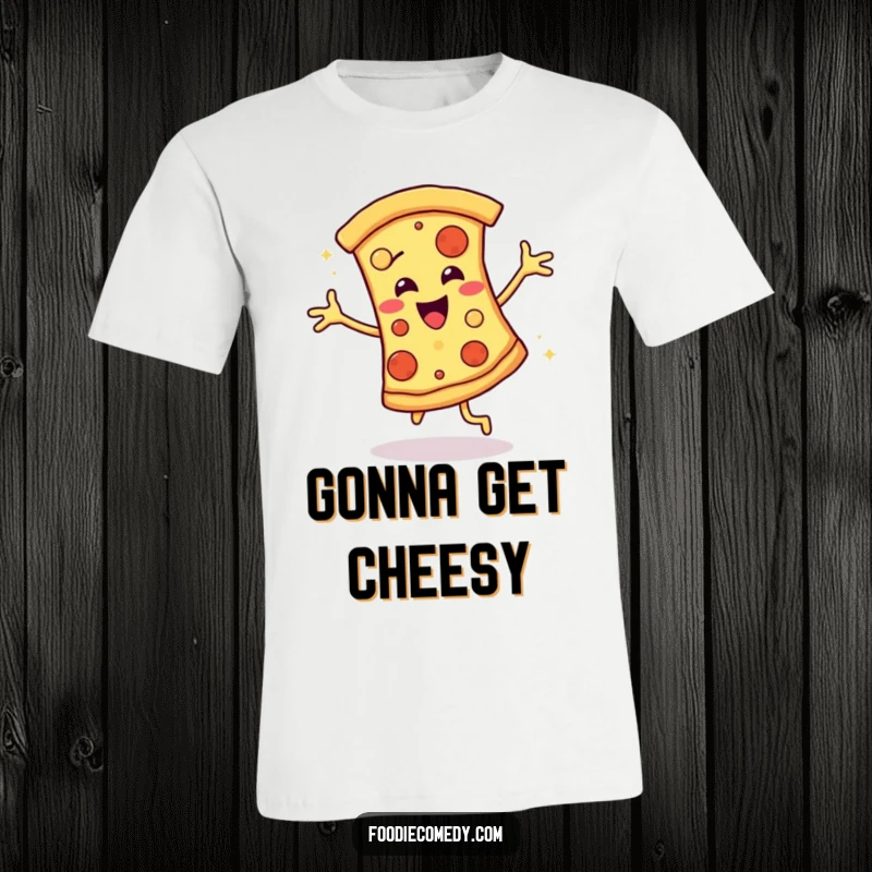 Funny t-shirt with a smiling pizza slice performing a vibrant disco groove, showcasing playful energy and a love for food.