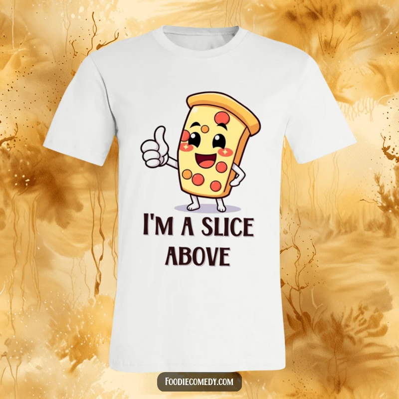 Funny pizza slice t-shirt with a huge cheesy grin and positive thumbs-up, ideal for pizza fans.