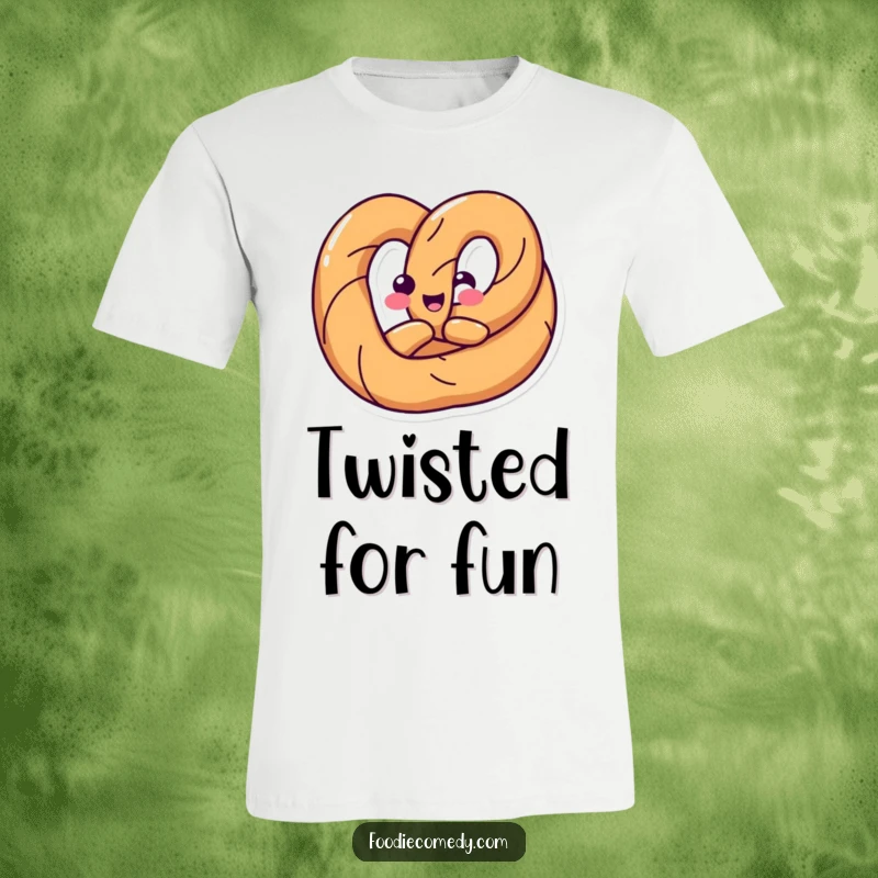 Funny t-shirt with a happy pretzel twisting its body into a fun shape, radiating snack-themed humor and flexibility.