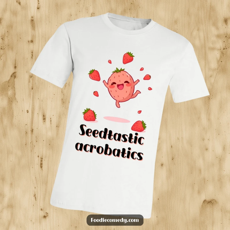 Funny Strawberry T-Shirt: A happy strawberry cartwheeling with seeds flying, depicting pure joy and a love for movement, a great gift.