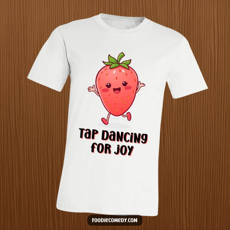 Funny strawberry t-shirt, smiling and performing a rhythmic tap dance with joyful berry energy.
