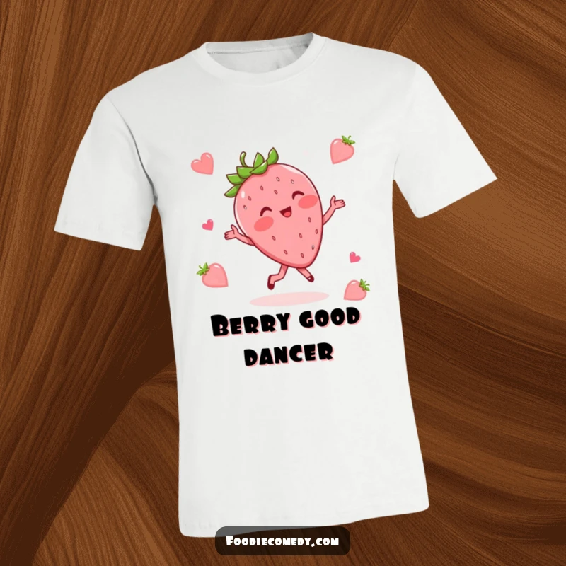 Funny t-shirt featuring a blushing strawberry gracefully doing a whimsical waltz, radiating sweet and humorous energy.