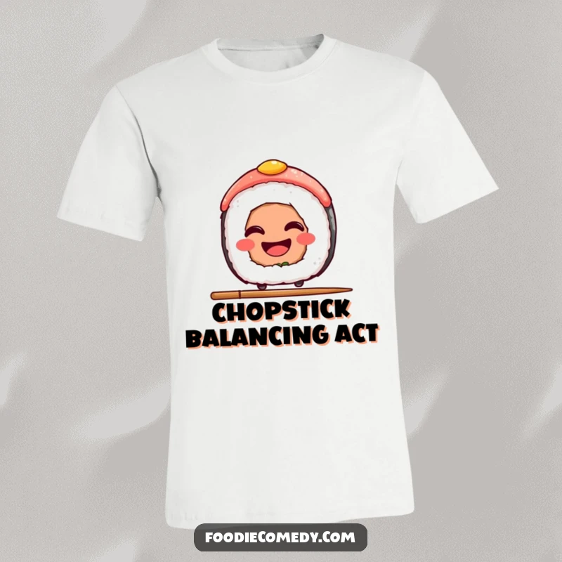 Funny Sushi T-Shirt: A grinning sushi slice balancing on a single chopstick, showing a quirky and fun attitude, a great gift.