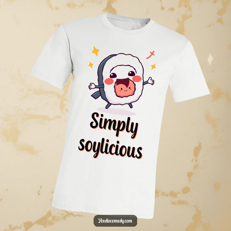 Funny sushi roll t-shirt doing a lively jitterbug dance, full of flavor and energetic movement.