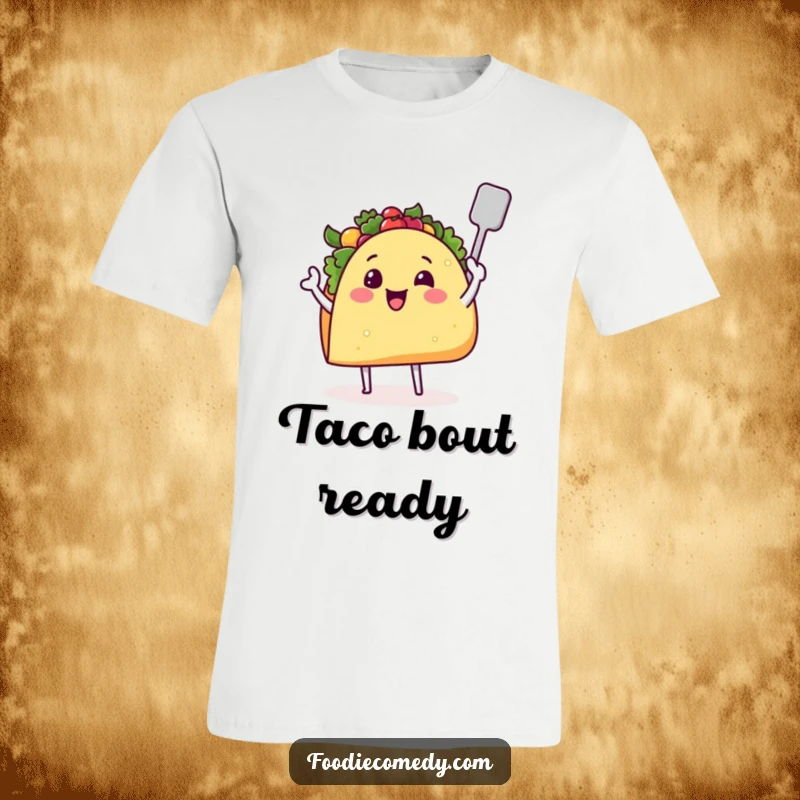 Funny taco t-shirt with a smiling face, tiny legs, and a spatula, ready for culinary adventures and taco-themed fun.