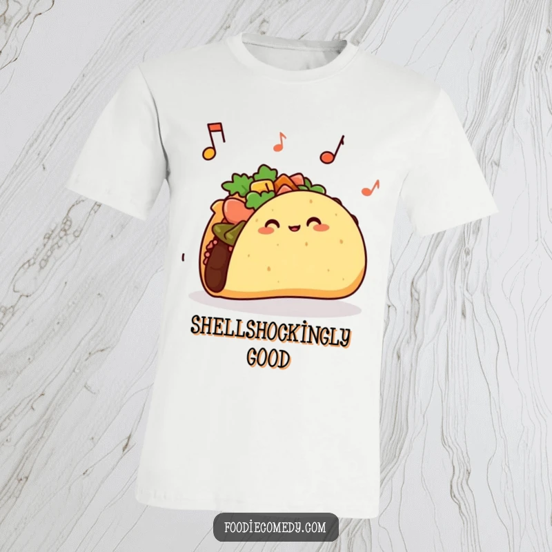 Funny taco t-shirt featuring a taco with a shell jiggling rhythmically, perfect for music and food lovers.