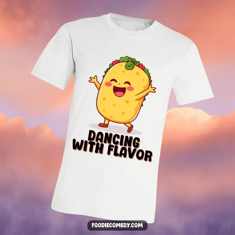 Funny taco t-shirt, taco doing a salsa dance, energetic food graphic tee, party vibes.