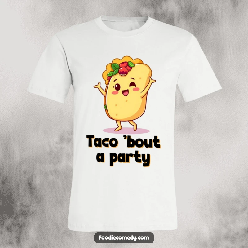 Funny t-shirt featuring a jubilant taco character performing an energetic salsa dance with flair and happiness.