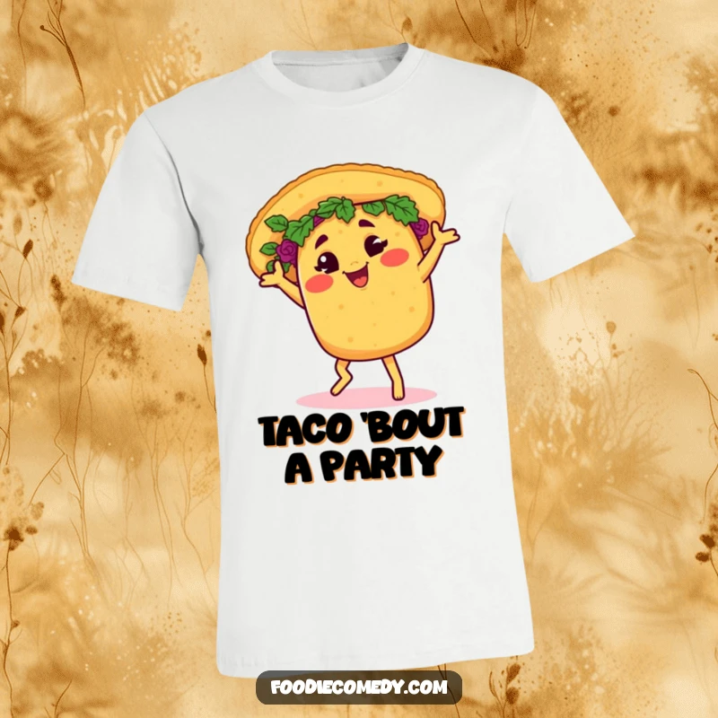 Funny taco t-shirt, doing a lively salsa dance with a cheerful expression and a flirty wink.