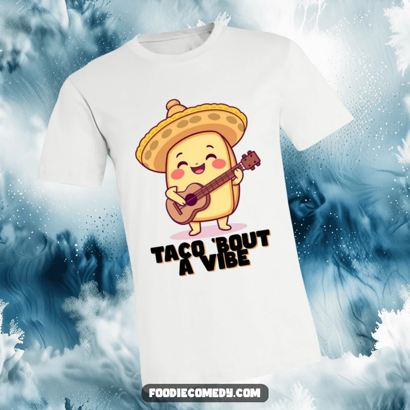 Funny taco t-shirt with a tiny sombrero and guitar, looking joyful and ready to party.