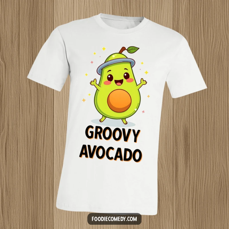 Funny delighted avocado performing a disco spin, a fruit character on a graphic t-shirt.