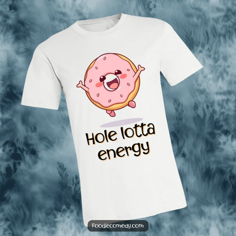 Funny t-shirt featuring a gleeful donut performing an energetic jump with excitement and a playful expression.