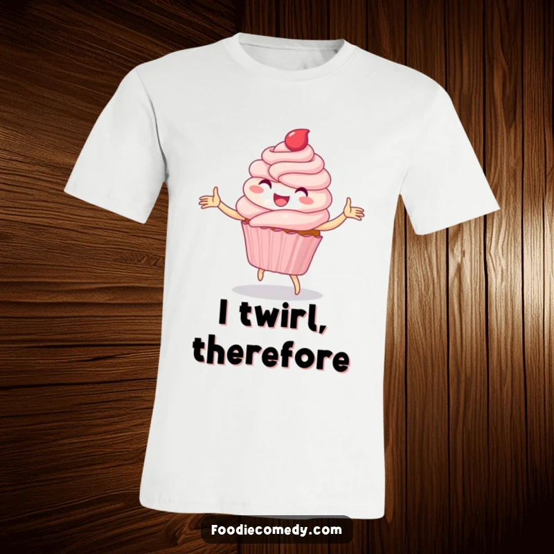 Funny t-shirt with a delighted cupcake hilariously dancing a whimsical folk dance, exuding pure sugary joy.