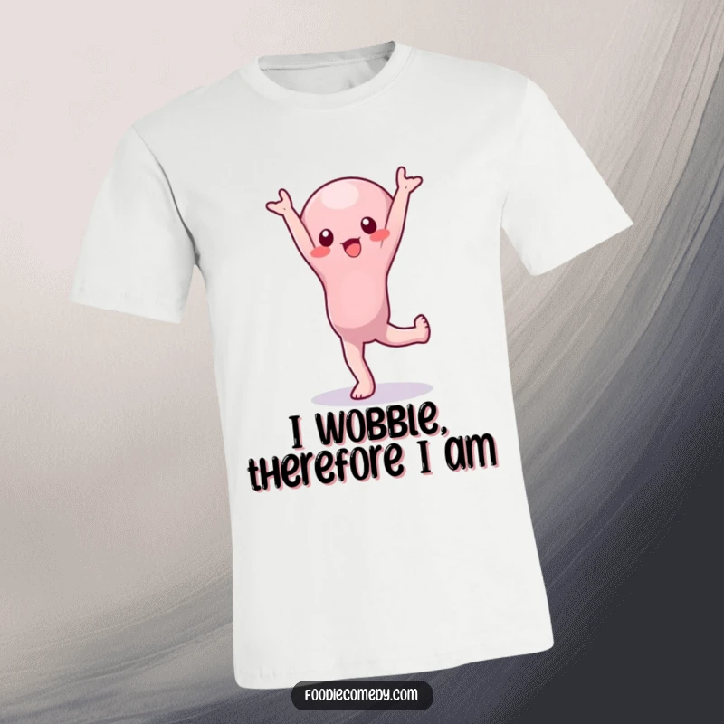 Funny T-Shirt: A wobbly jelly character hilariously attempts a handstand, showcasing determination and comical instability on soft fabric.