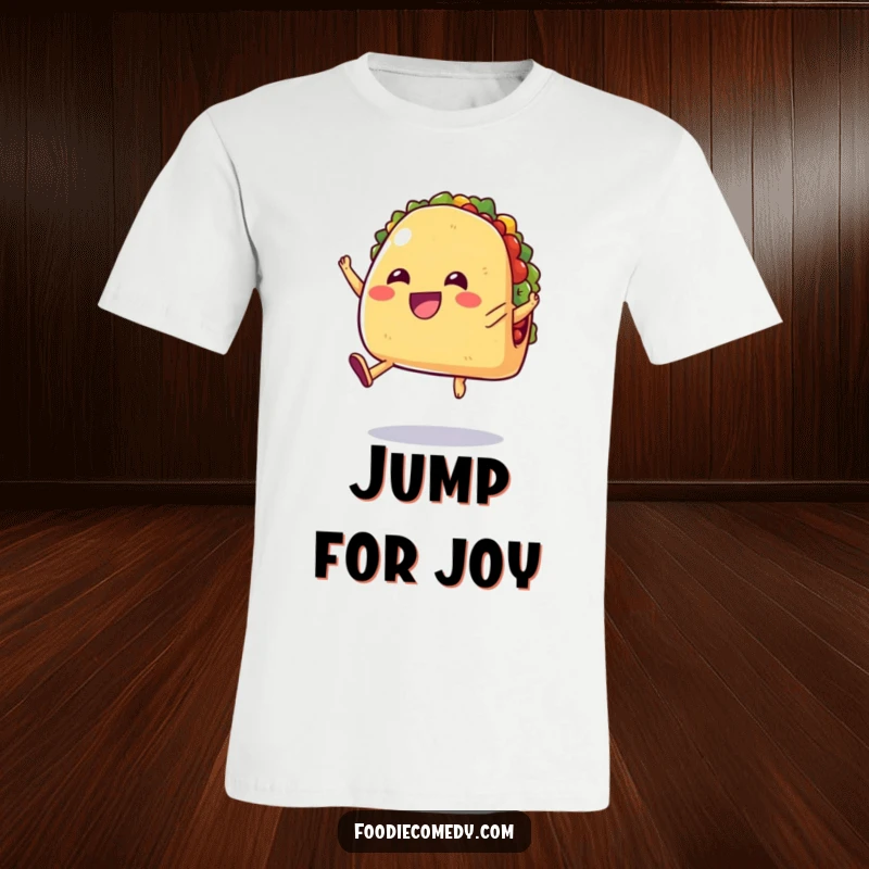 Funny t-shirt depicting a cheerful taco with small, stubby legs jumping in the air with pure delight, celebrating flavor.