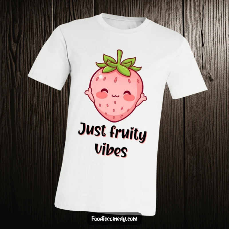 Funny t-shirt showcasing a blushing strawberry character with tiny arms, giving a shy wave, conveying endearing bashfulness and cuteness.