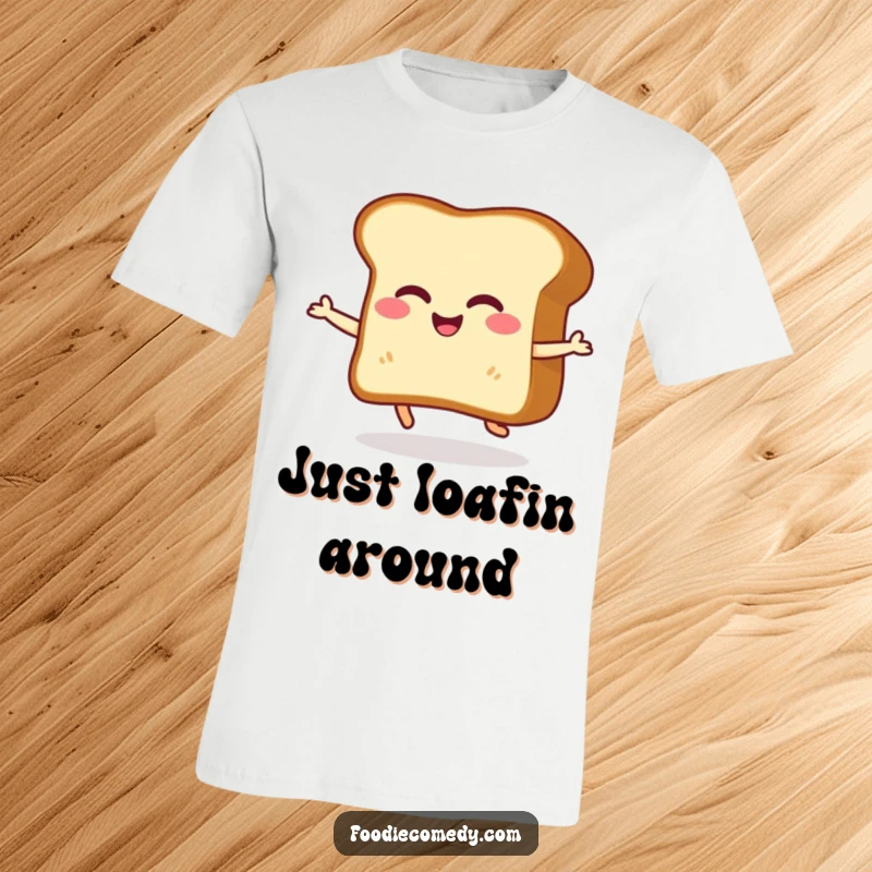 Funny t-shirt with a giggling slice of toast performing a happy little shuffle dance, radiating pure, carb-fueled amusement.