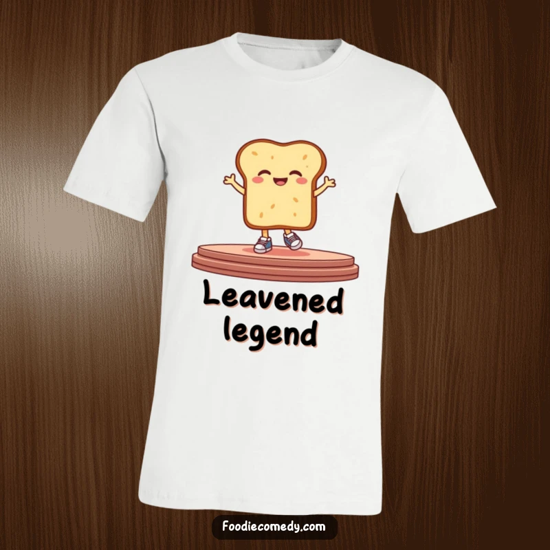 Funny bread t-shirt depicting a giggling, stylized piece of bread wearing tiny sneakers and hopping with joy on a stage.