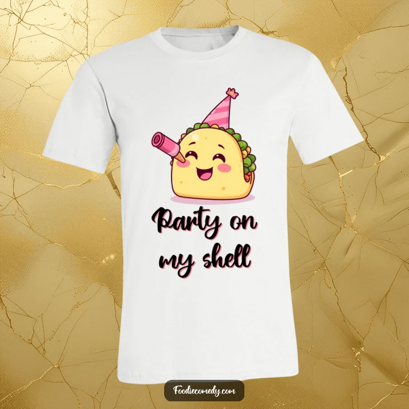 Funny Taco T-Shirt: A smiling taco sporting a tiny party hat and blowing a horn, exuding pure fiesta joy.
