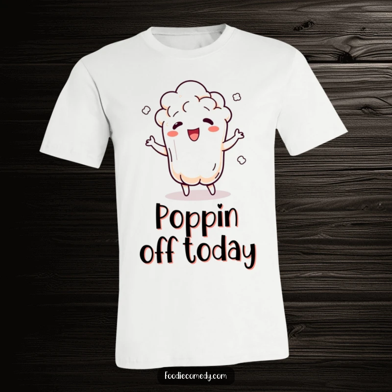 Funny popcorn t-shirt showing a dancing popcorn kernel popping and jiggling with rhythm, a top funny gift choice.