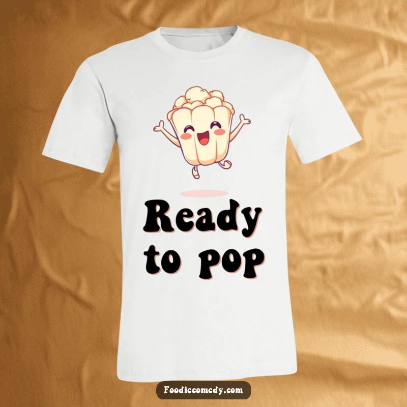 Funny t-shirt with an excited popcorn kernel in a playful leap, radiating energetic and snack-themed humor.