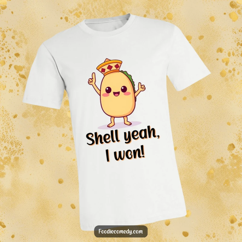 Funny t-shirt showcasing an ecstatic kawaii taco character performing a victory dance, complete with a tiny sombrero, ideal for parties.