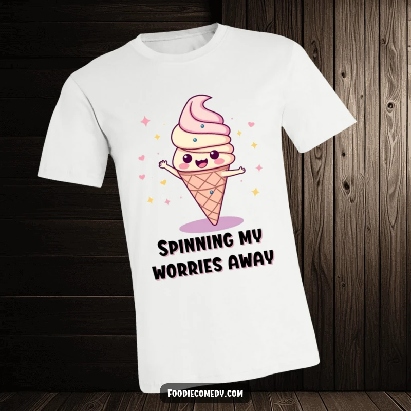 Funny t-shirt print of an ecstatic ice cream cone caught mid-disco spin, capturing a moment of pure, energetic, and comical joy.
