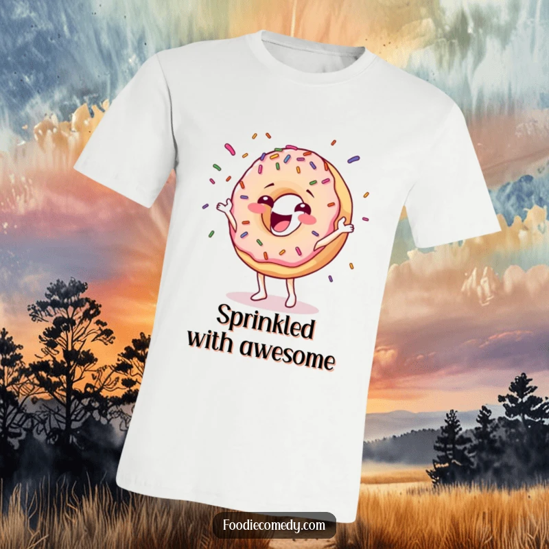 Funny donut t-shirt depicting a happy character gleefully juggling colorful sprinkles, perfect for dessert fans and cheerful moments.