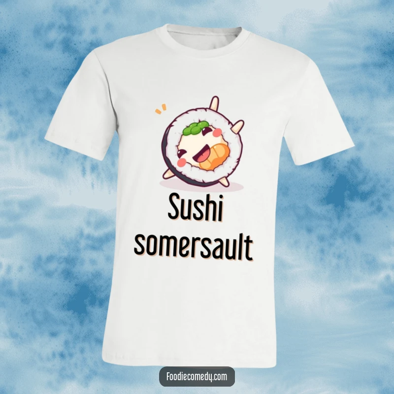 Funny Sushi T-Shirt featuring a roll doing a playful somersault, showcasing a love for Japanese cuisine with humor.