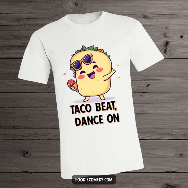 Funny t-shirt depicting a groovy taco dancing joyfully while shaking tiny maracas.