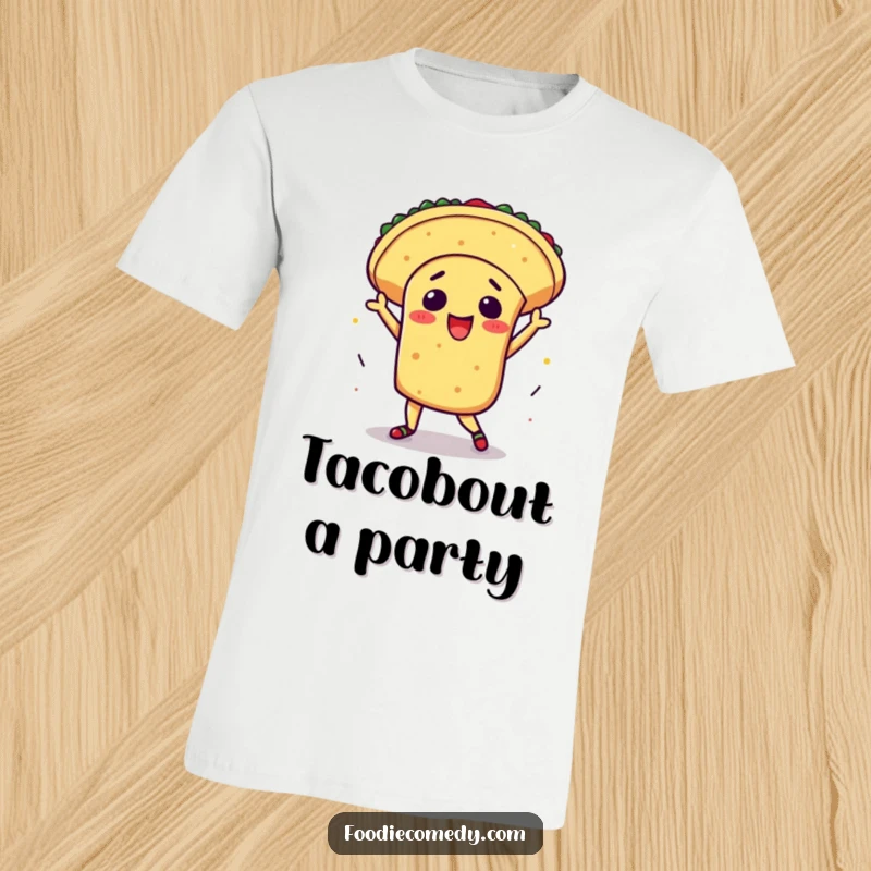 Funny kawaii taco t-shirt, excited taco doing a flamboyant salsa dance, humorous food graphic tee, cute Mexican food character, great funny gift.
