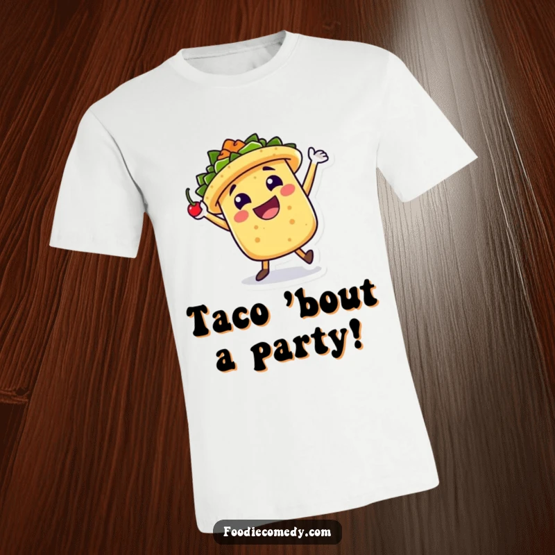 Funny T-Shirt: A jubilant taco character dances a jig with a chili pepper, showcasing festive energy and delicious fun.