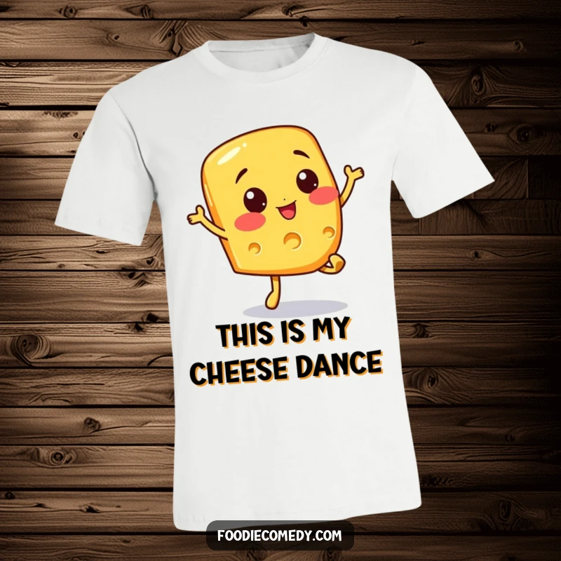 Funny t-shirt print of a cheerful cheese slice character in mid-air, performing a bouncy hop with pure glee. A wearable laugh.