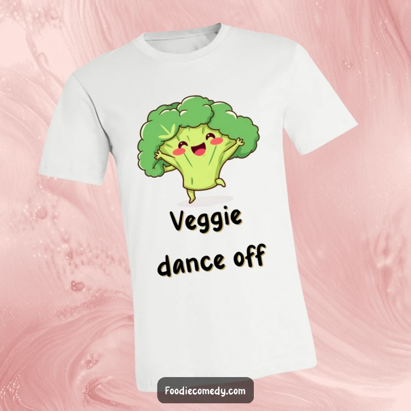 Funny broccoli t-shirt depicting a happy broccoli doing a kick-ball-change, perfect for fitness and food enthusiasts.