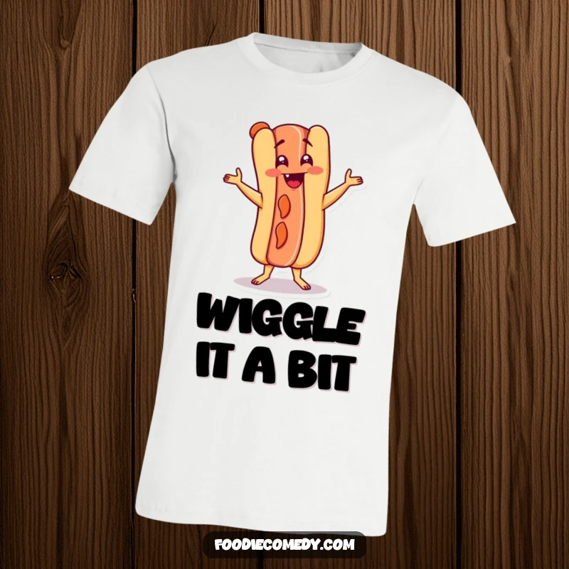 Funny hot dog character performing a lively Charleston dance on a t-shirt, embodying pure fun and energy.